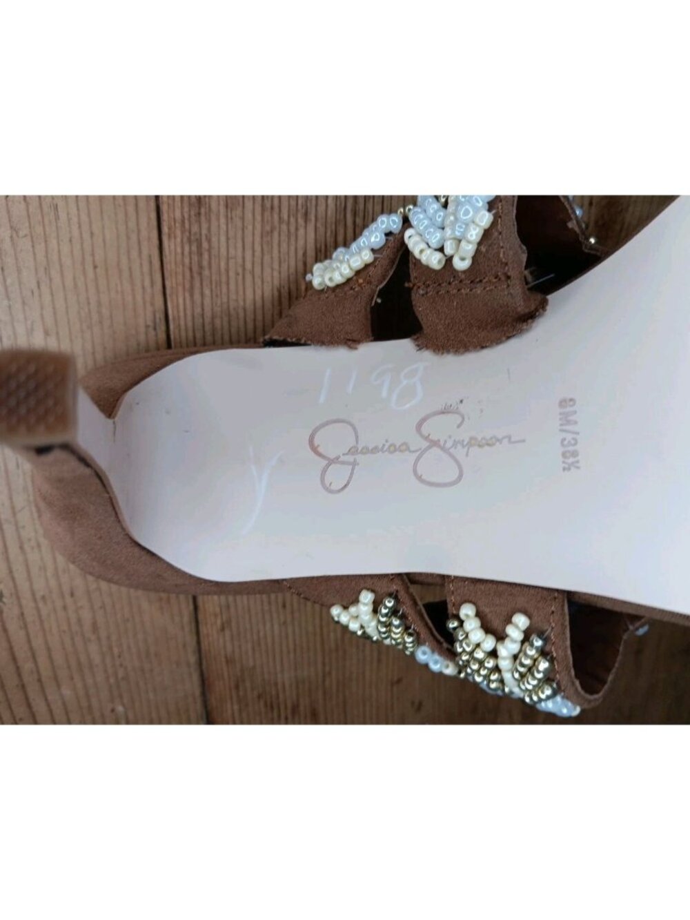 Jessica Simpson Rixei Sandal Womens 8 Brown Beaded Strappy 3.5" Heel Slip On - Picture 8 of 10